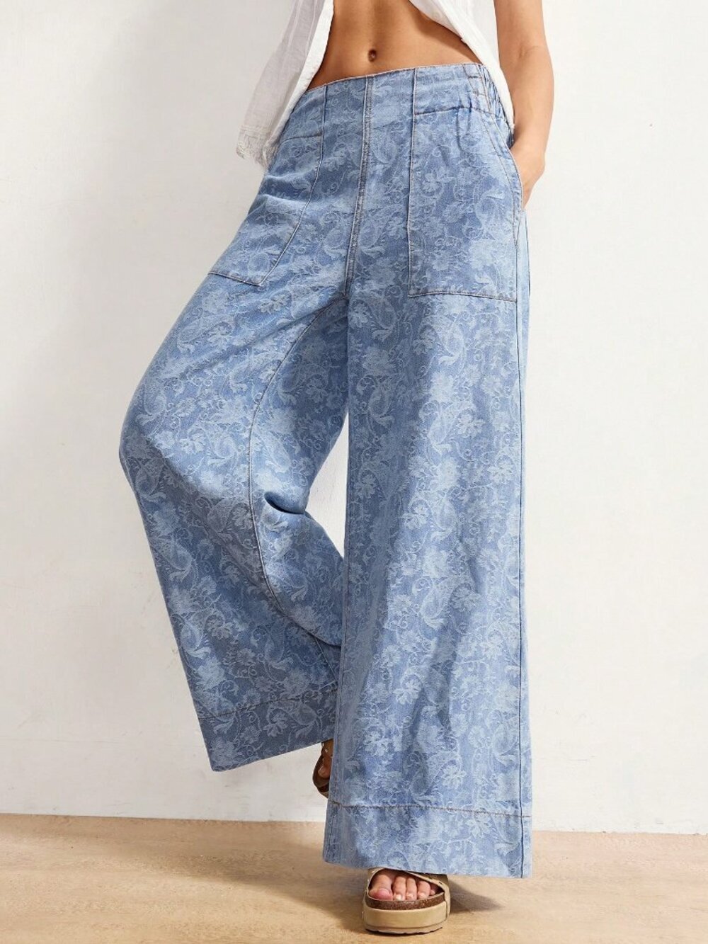 Light wash Casual Women's Low-Rise Drawstring Waist Wide Leg Jeans